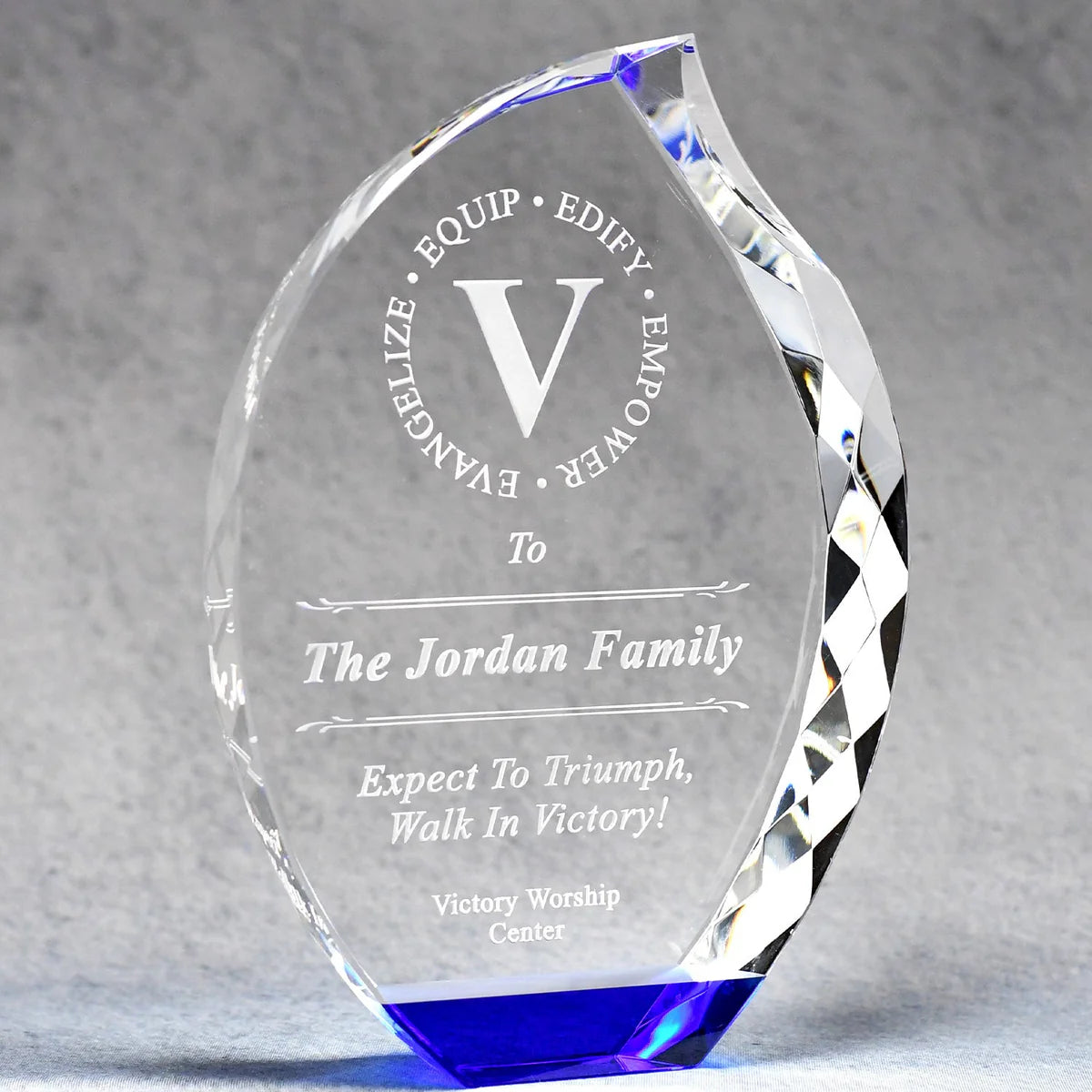 Elegant optic crystal freestanding faceted edges and smooth sand etched engraved face by specialty engraving JOHNS CREEK.