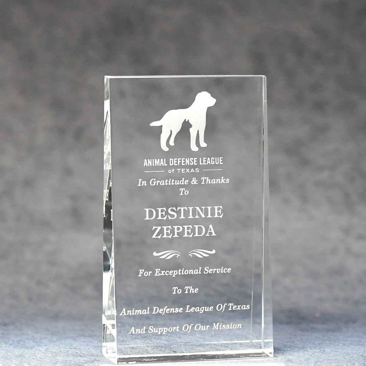 Optic crystal wedge with sand etch engraving and white color fill