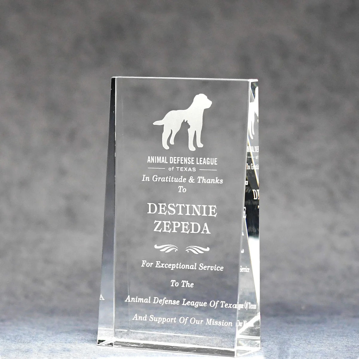 Optic crystal wedge with puppy image and personalized text all sand etched and color fille
