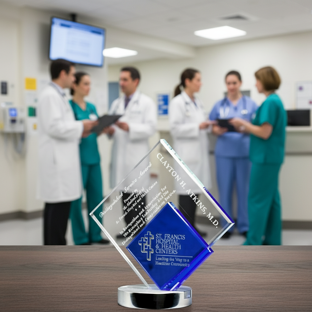 Crystal Glass award with 'St. Francis Hospital & Health Centers' on a wooden surface, with healthcare professionals in the background.