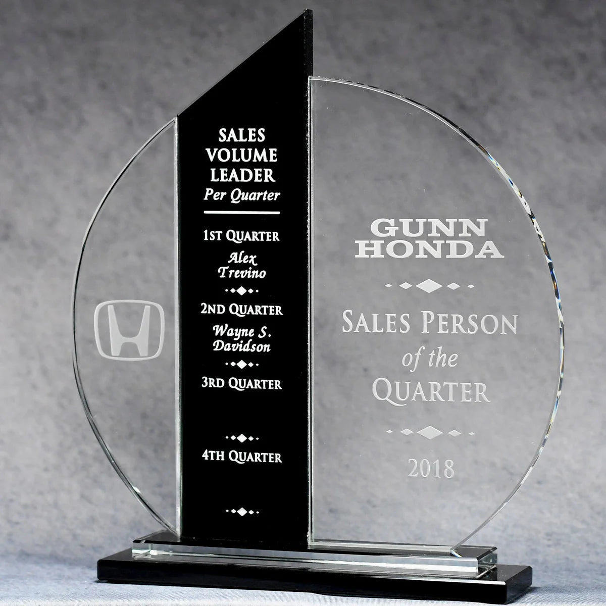 Optic Crystal Tuxedo Tower-Sphere with engraved text and Honda logo on a gray background