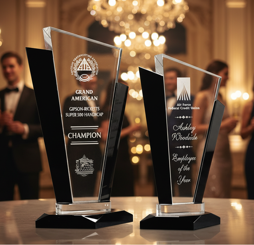 Two OPTIC CRYSTAL TUXEDO PALACE AWARD on a table with people in formal attire