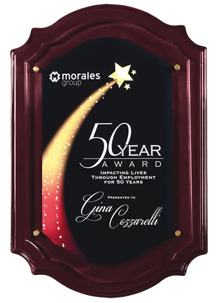 PIANO FINISH SCALLOPED PLAQUE WITH RAISED ACRYLIC, LASER OR FULL UV COLOR