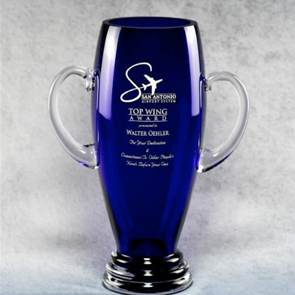 CRYSTAL BLUE VASE WITH HANDLES