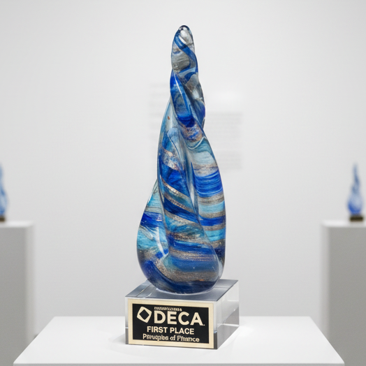 Decorative glass sculpture with 'DECA First Place' award on a white background