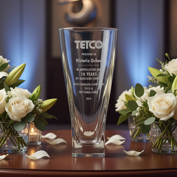 Clear glass award with engraved text on a wooden table with floral arrangements.