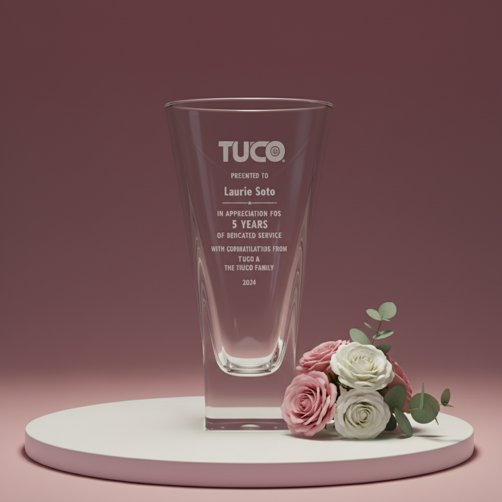 Clear glass award with engraved text on a pink platform with flowers