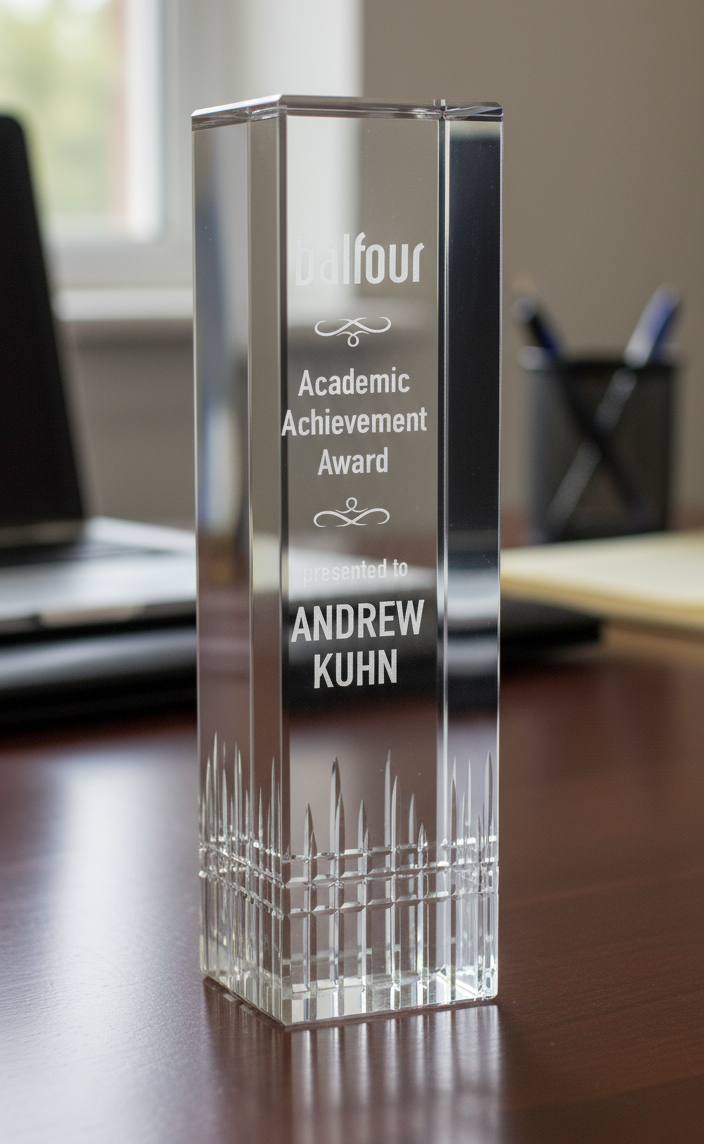 8.5" tall crystal award with legible engraved text on an office desk