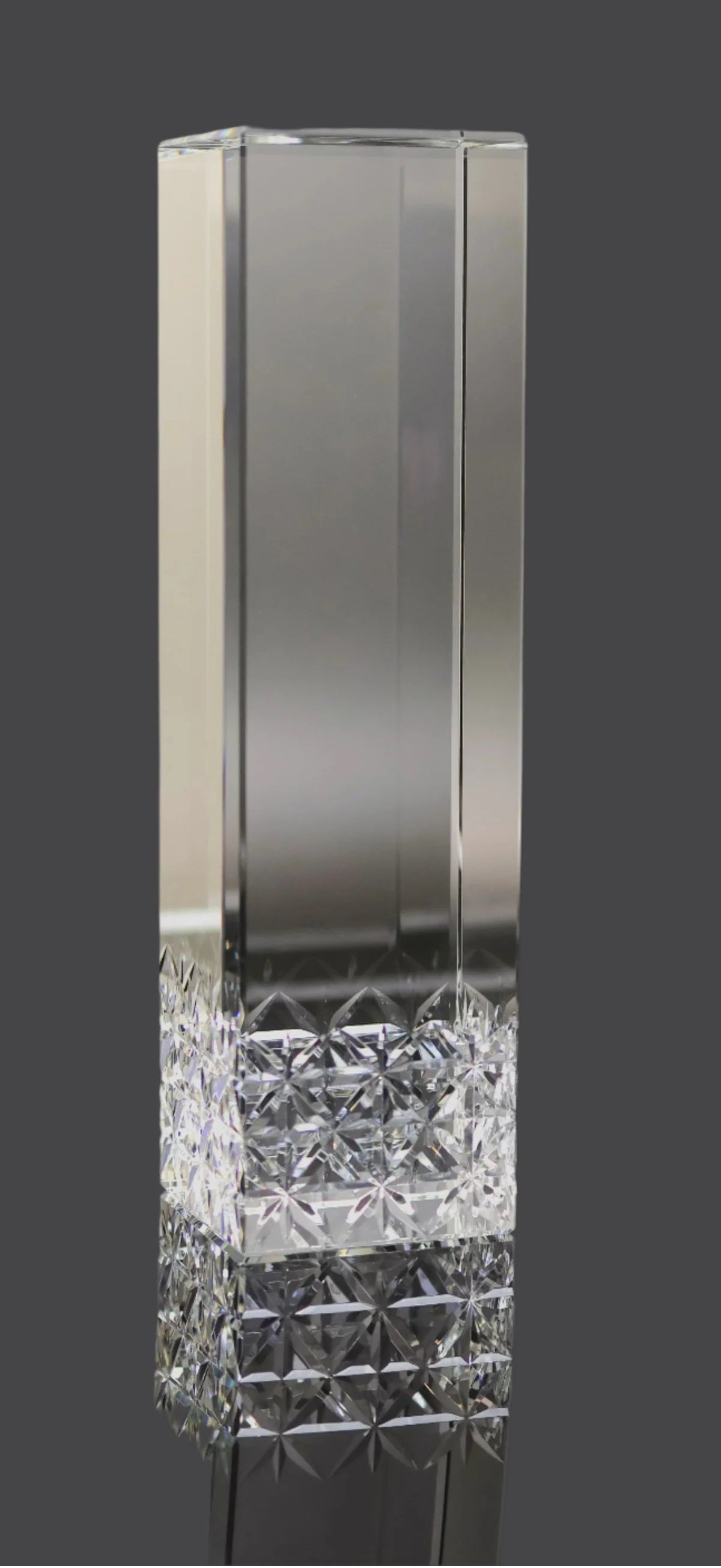 Tall, hexagonal crystal tower award to be personalized with sand etch logo and text