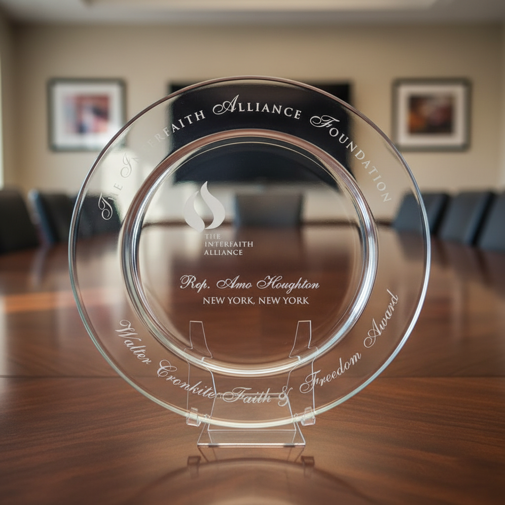 Glass award on a stand with engraved text in an indoor setting