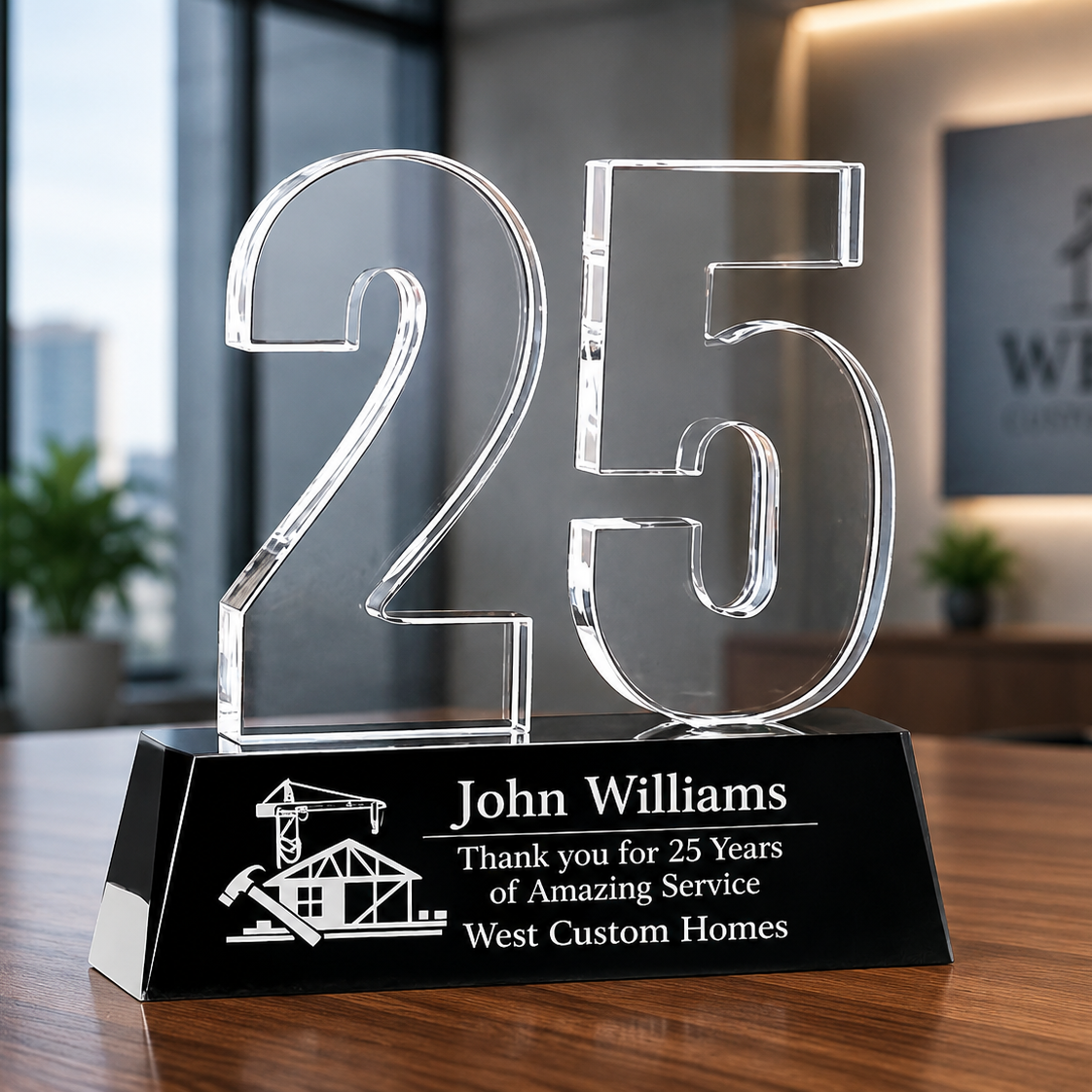 Crystal award with '25' on a black base in an office setting