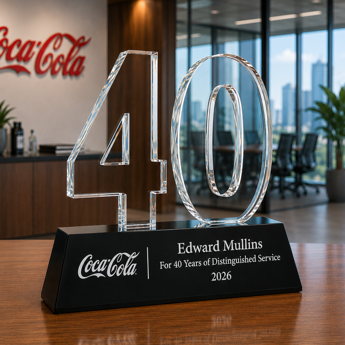 Crystal number '40' award with Corporate branding on a desk in an office setting.