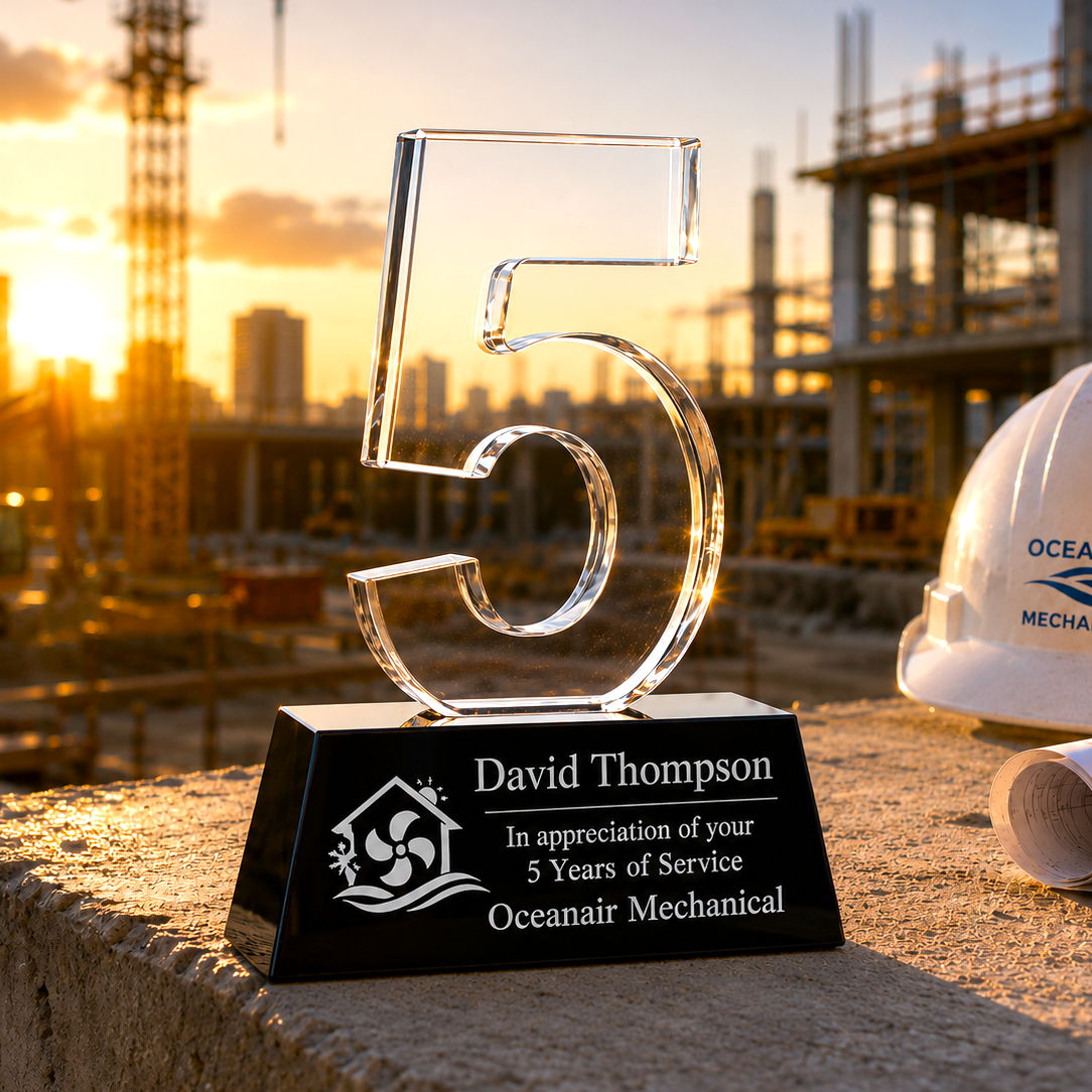 Crystal number 5 award on a stand with a construction site background