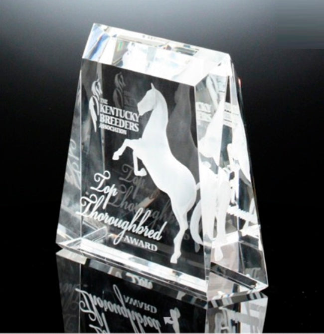 Crystal award with horse design and text on a black background