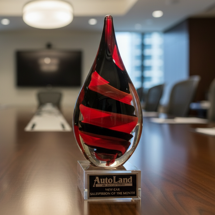 Decorative glass award on a conference table with blurred office background