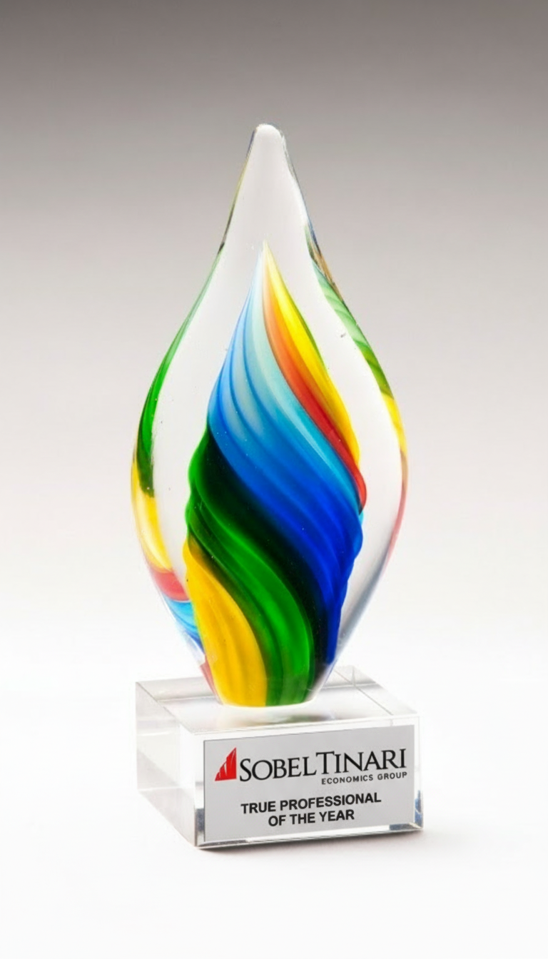 Colorful glass art award with corporate logo on a white background