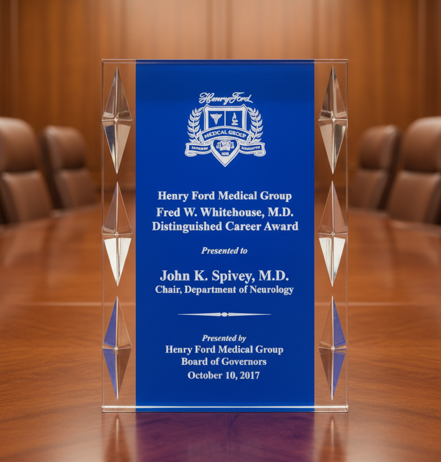 Academic award on a wooden table in a conference room setting