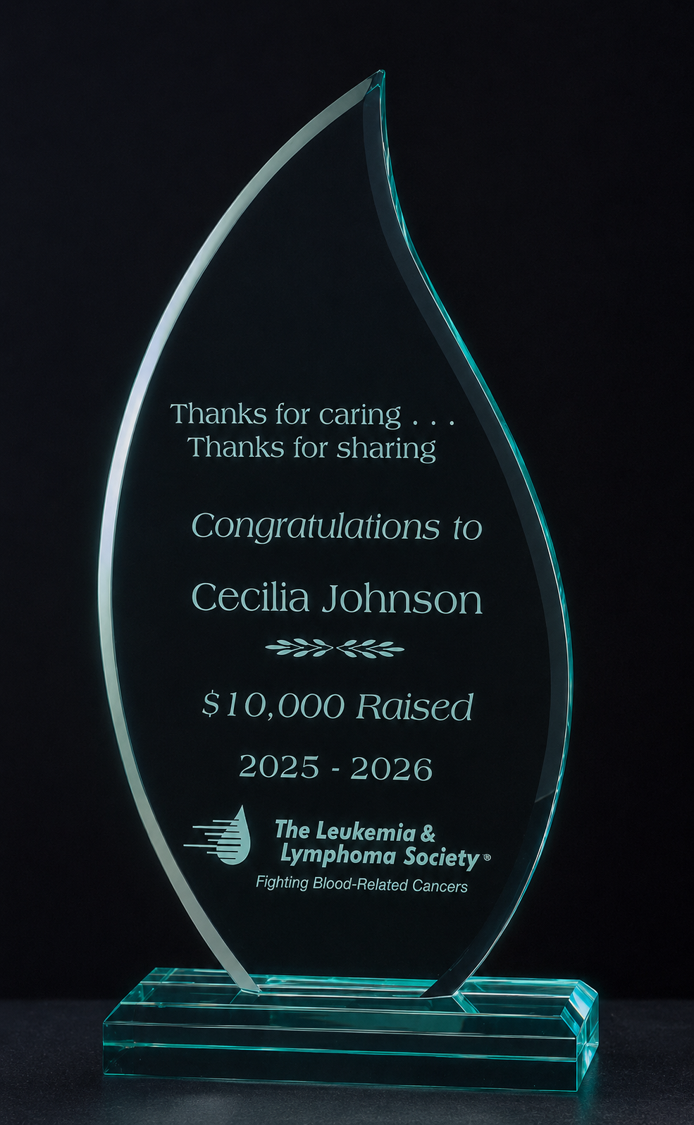 Flame Acrylic award with engraved text and logo