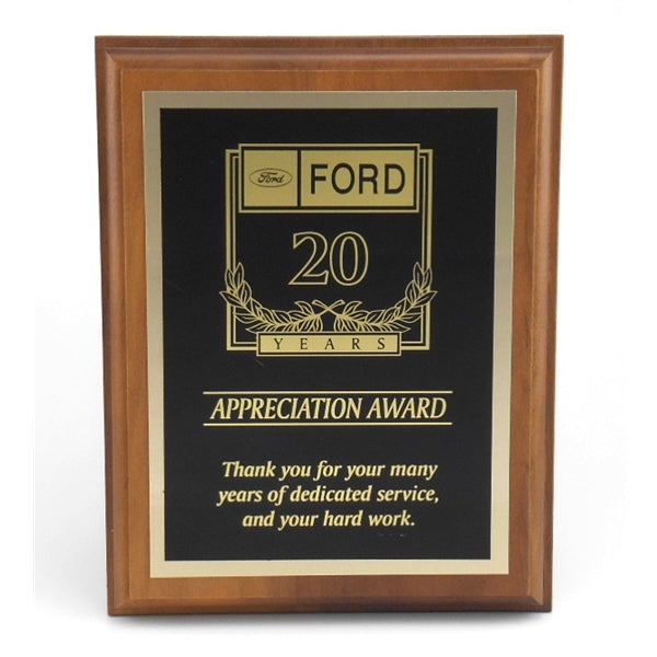 LASER ENGRAVED CUSTOM PLAQUE CLASSIC WALNUT WITH BLACK AND GOLD PLATES AND LASER ENGRAVED LOGO