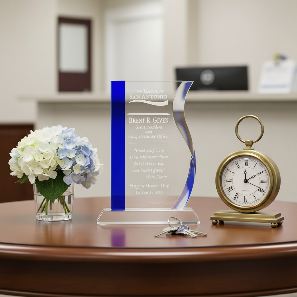 A Blue and Clear Crystal glass award, elegantly displayed with sand etch engraving