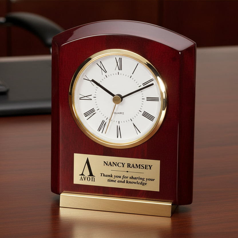 Decorative clock with a personalized plaque on a wooden surface