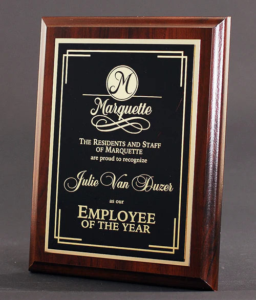 Cherry finish plaque with black and gold plates and laser engraved text and logo