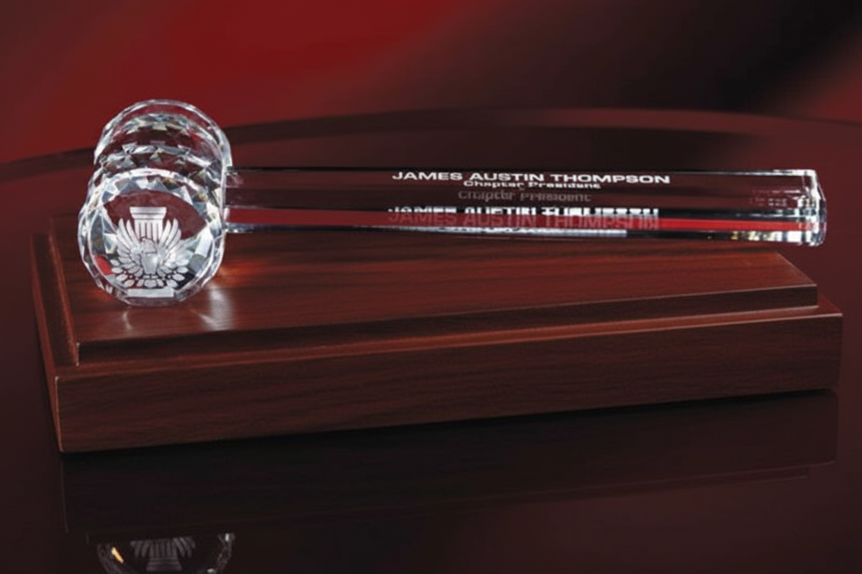 Crystal mace on a wooden base with sand etched text on handle and custom image