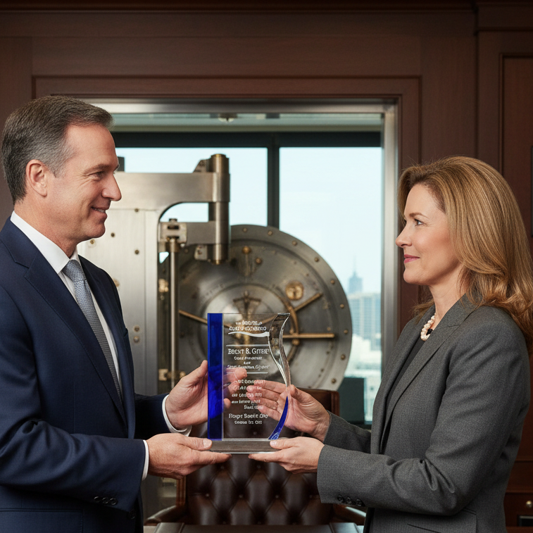 Two professionals, a man and a woman, holding an award in front of a bank vault.