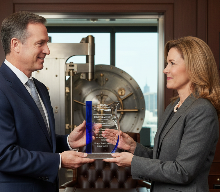 Two professionals with a blue clear crystal wave award in front of a bank vault.