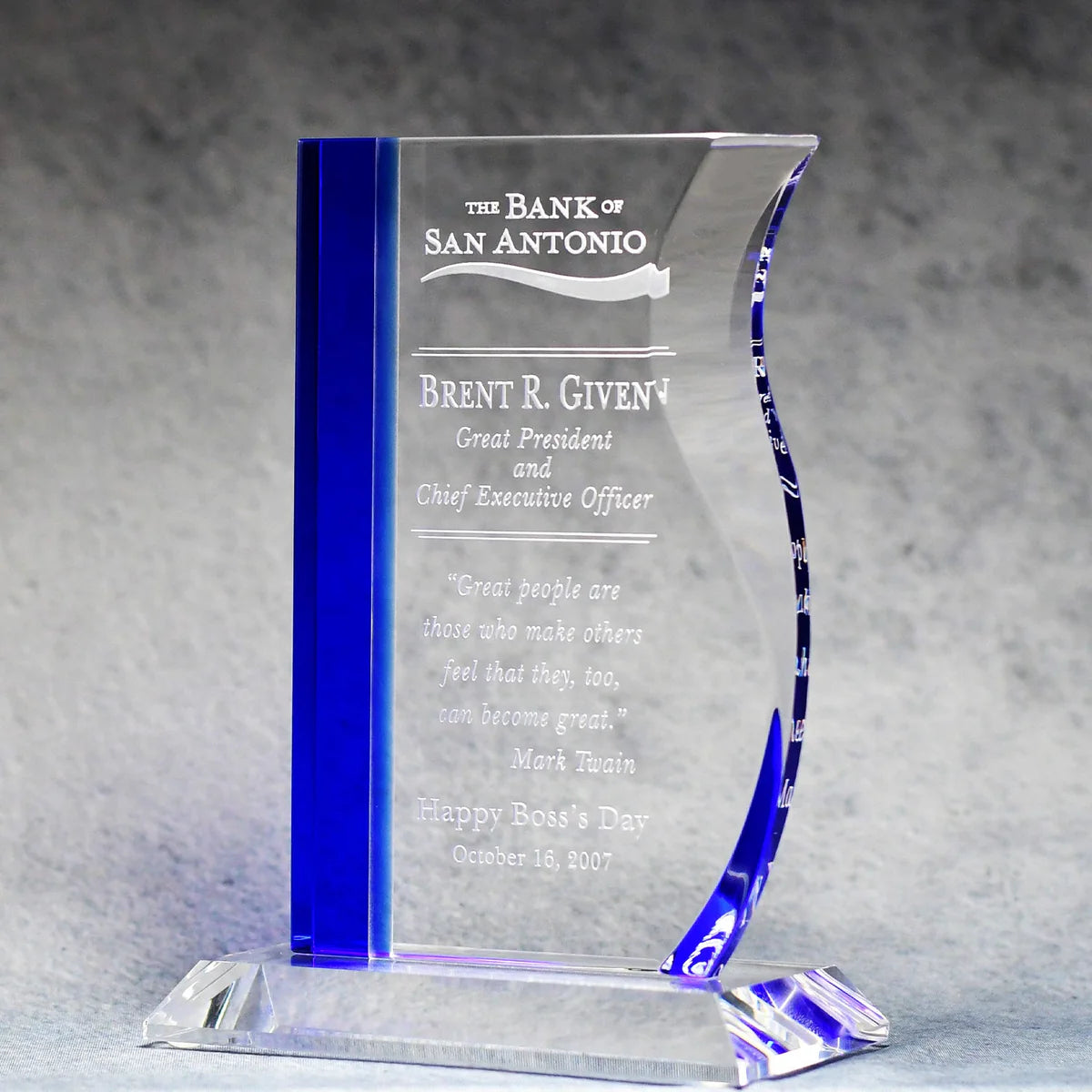 Elegant Crystal Wave Award Trophy with a sleek, curved design that rises like a wave.