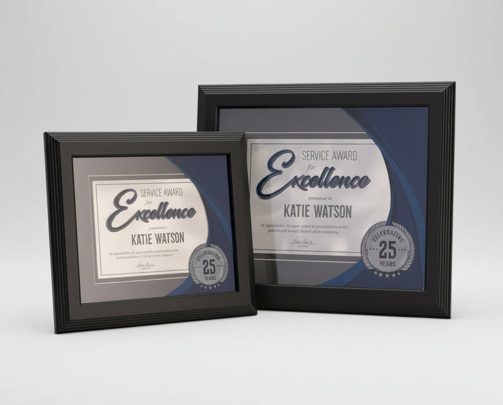 Two framed certificates with 'Excellence' and 'Service Award' text on a white background