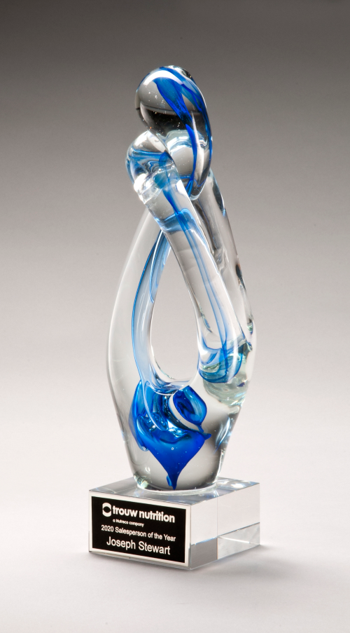 Contemporary Art Glass Sculpture with Blue Accent and black/silver laser plate