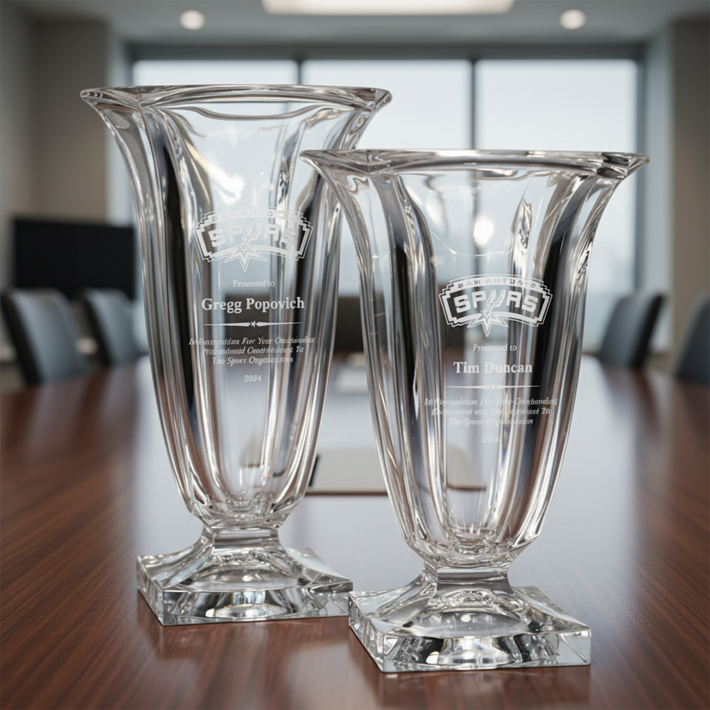 Two engraved crystal vases on a table in an office setting