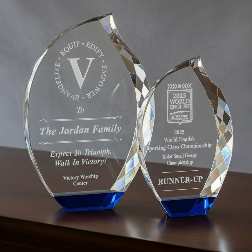 Heavy faceted flame crystal awards with sand etched engraved text