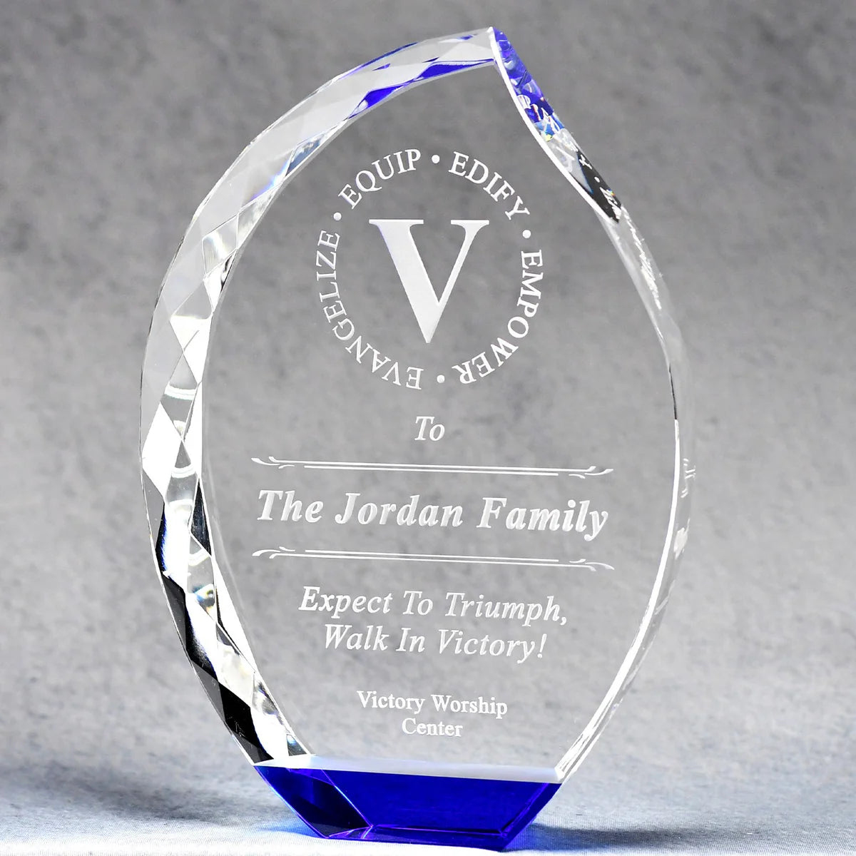 Elegant optic crystal freestanding faceted edges and sand etched engraved face by specialty engraving sandy springs.