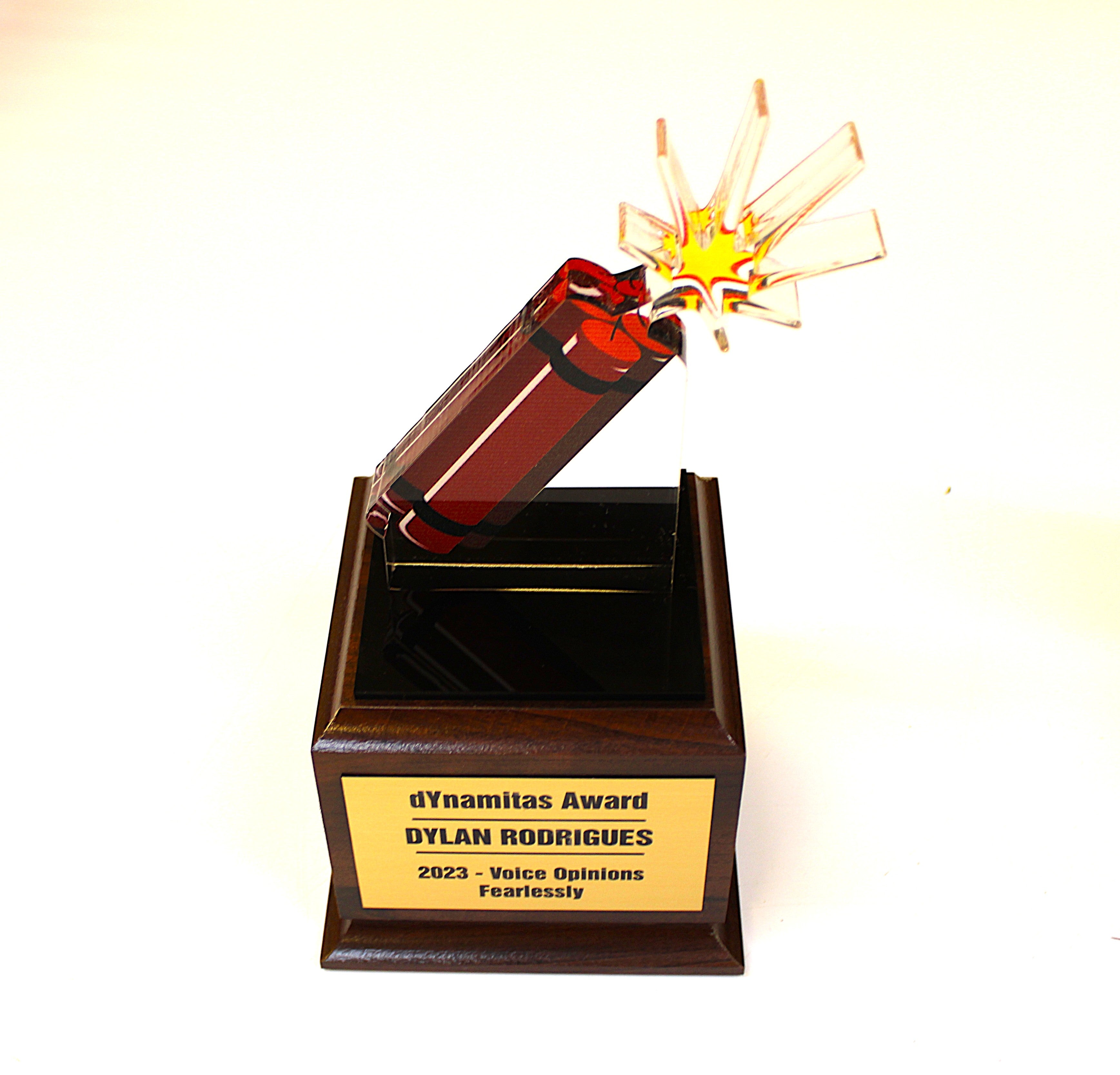 CUSTOM SHAPED ACRYLIC AWARD TROPHY WITH GRAPHICS ON WOOD BASE