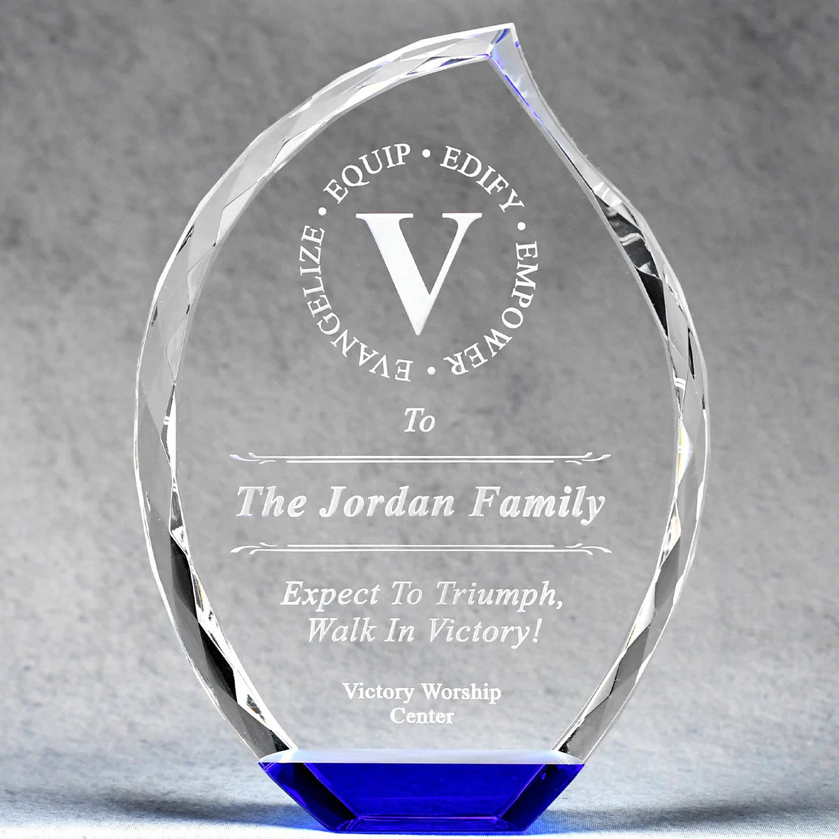 Elegant optic crystal freestanding faceted edges with sand etched engraving by specialty engraving suwanee.