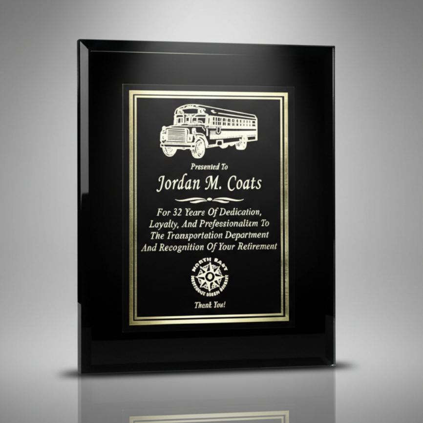 Framed plaque with text and an illustration