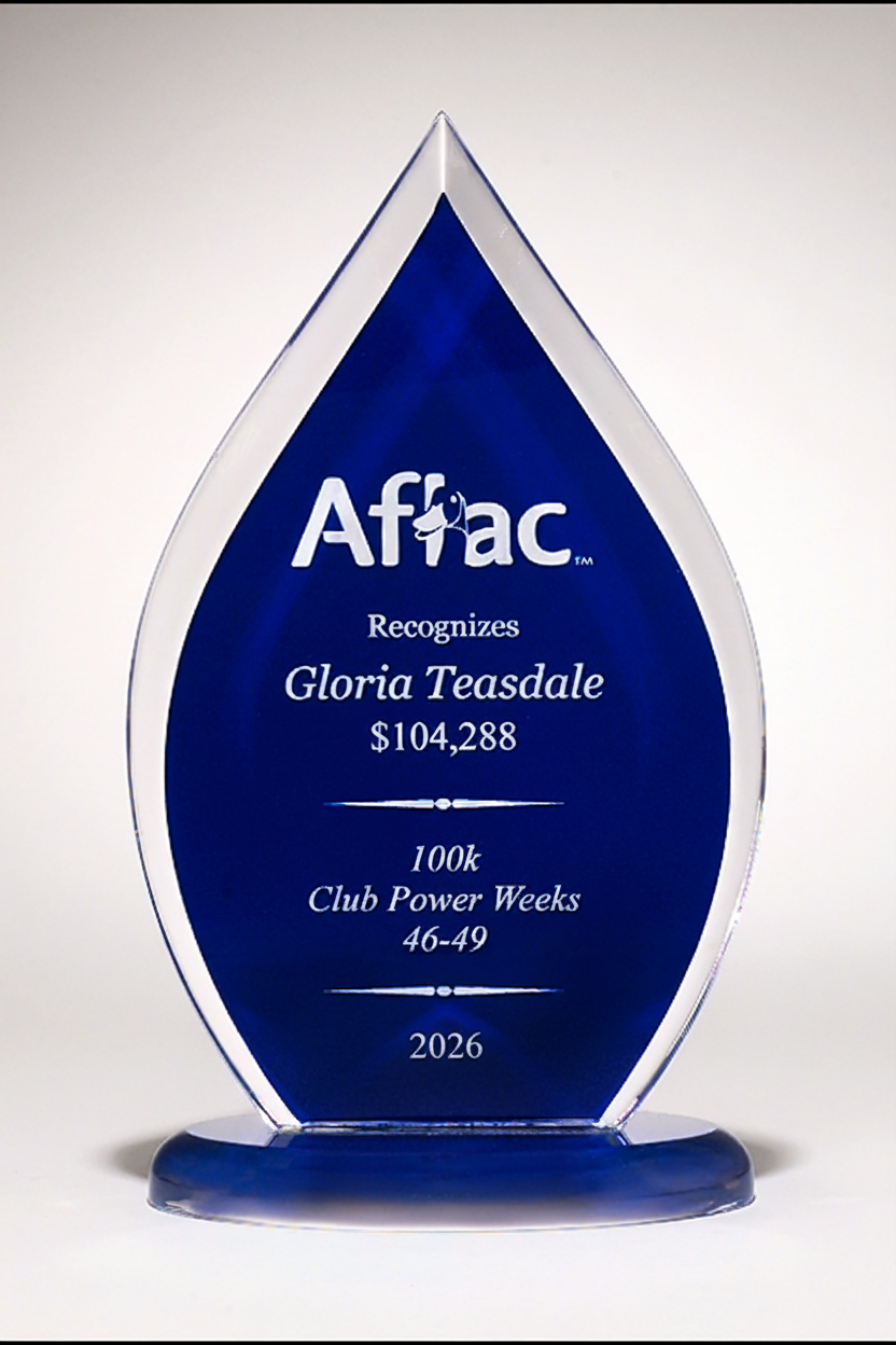 Aflac award with blue and white design on a white background