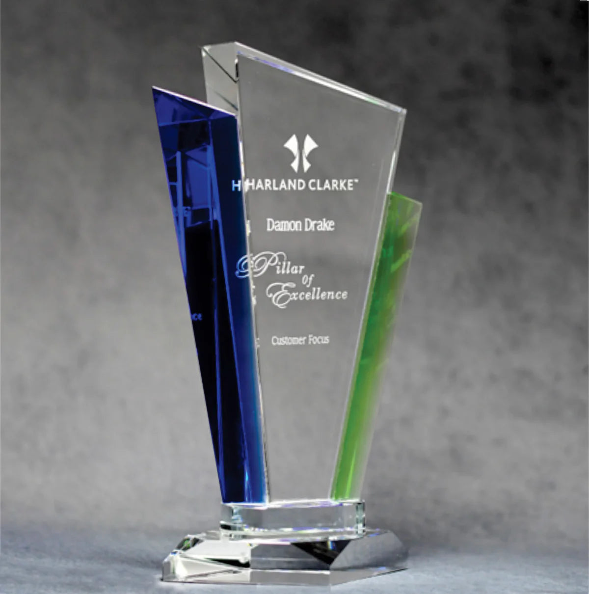 Optic Crystal Award with blue and green prisms that accent the award