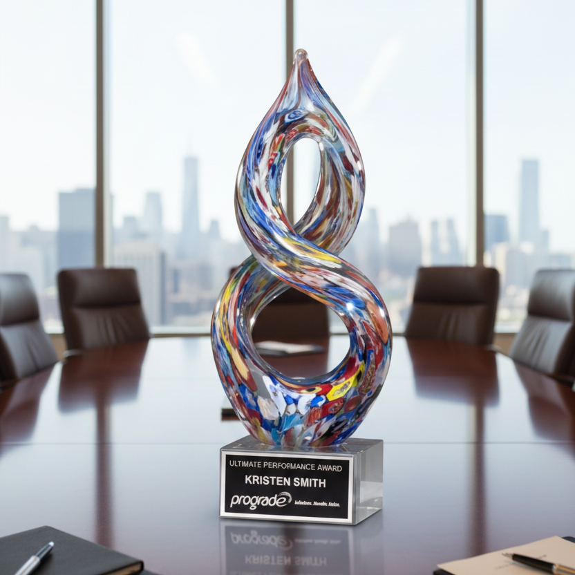 Colorful art glass sculpture award on a conference table with an engraved plate on the base