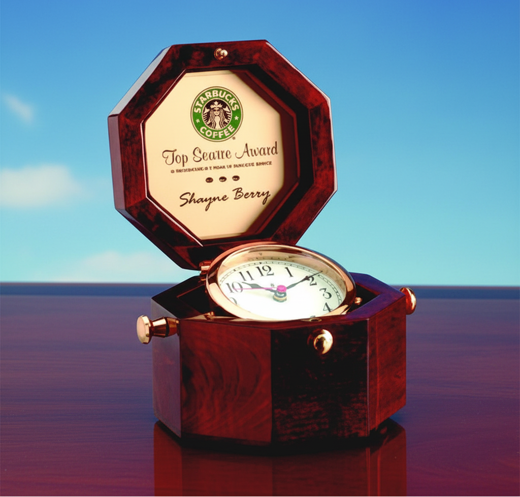 A 4-inch Howard Miller Quartermaster Clock with a rosewood finish, brass tilting alarm clock, and an engraved brass plate inside the hinged lid, displayed on a desk.