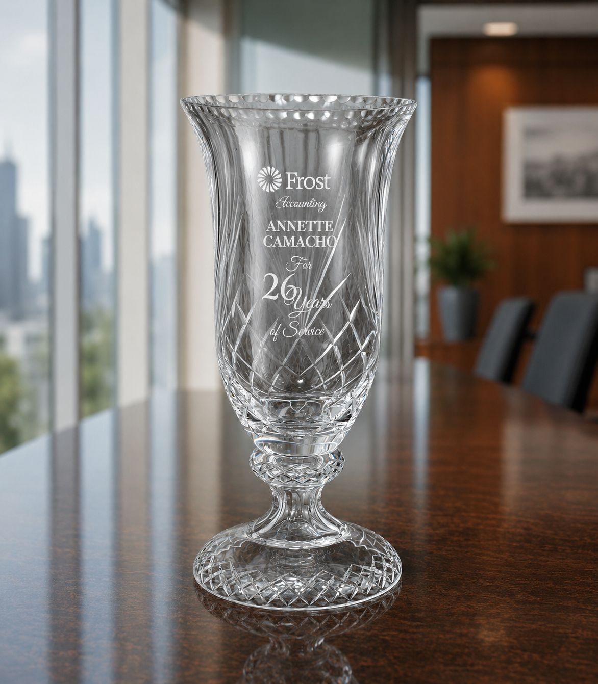 Crystal glass vase award with engraved text and corporate logo