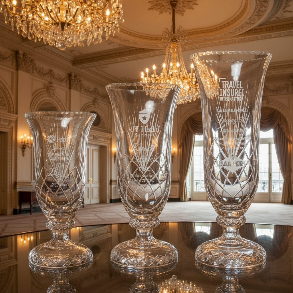 Three crystal vases with engraved text on a reflective surface in an elegant room with chandeliers.