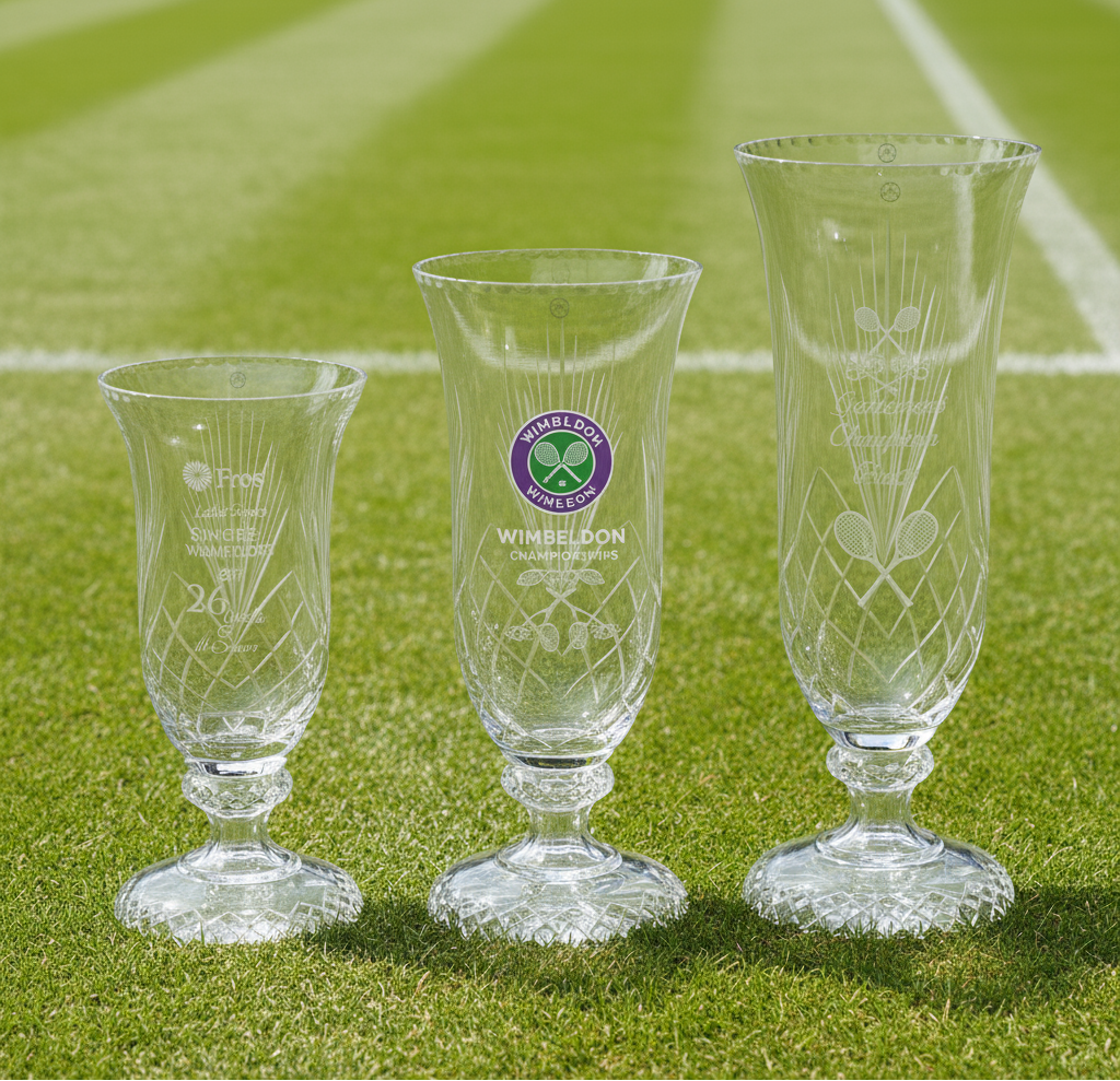 Three glass vases on a grass tennis court background