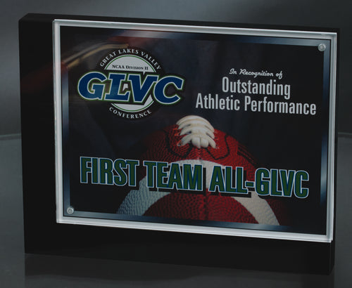 An acrylic magnetic frame displaying a sports award certificate with the GLVC First Team All GLVC logo.