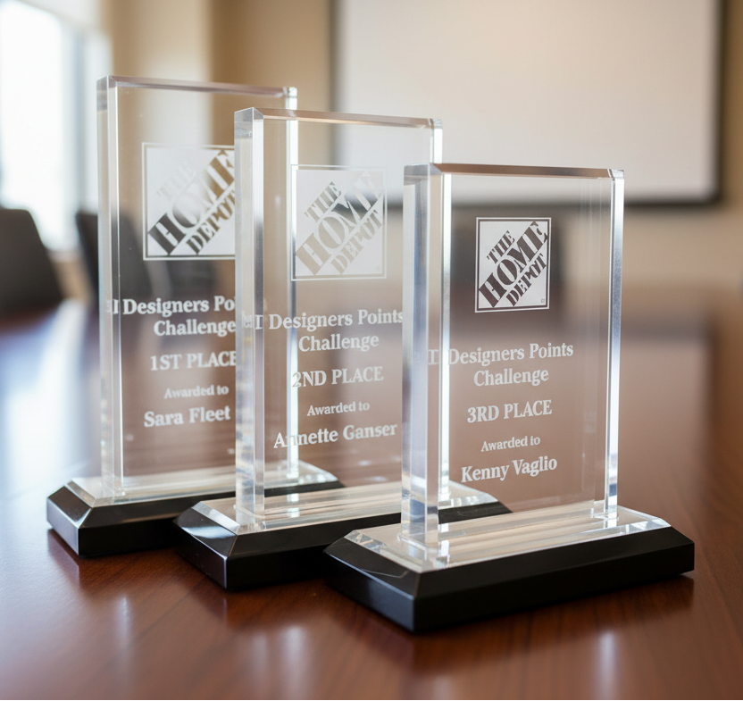 Three glass awards on a wooden table with blurred office background