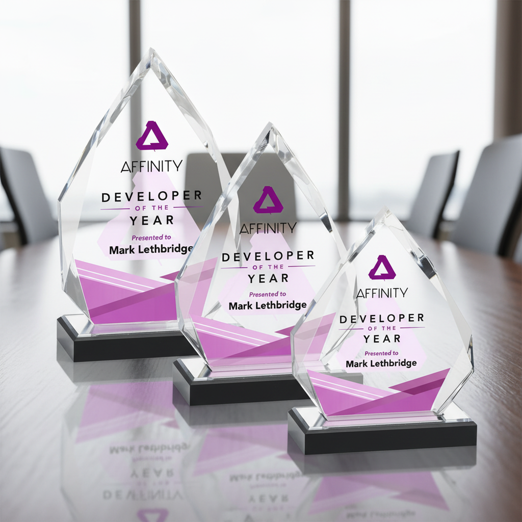 Three crystal awards for 'Developer of the Year' on a table with a blurred office background