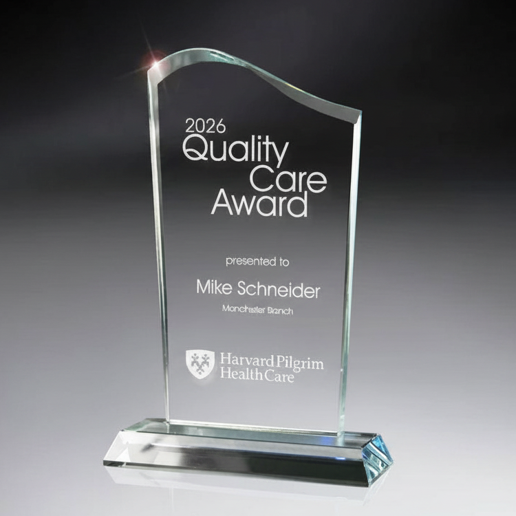 Glass award titled Quality Care Award' presentation with logo