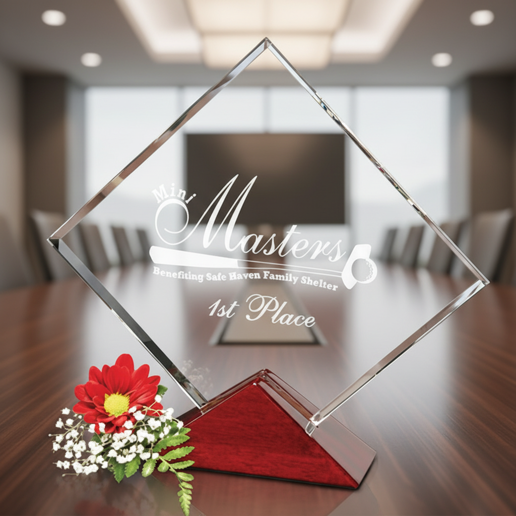 Glass award with red base and floral decoration on a table in a conference room.
